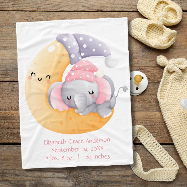 Cobertor De Velo Elefante Adormecido Menina Rosa Lua Crescente Bebê (Pink elephant sleeping crescent moon birth stats baby blanket)