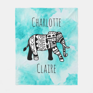 Cobertor De Velo Elefante preto & branco da aguarela azul feminino