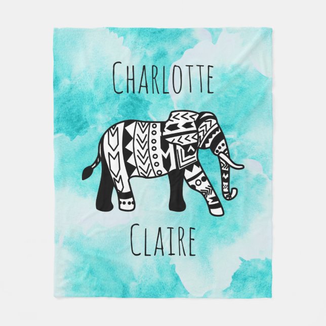 Cobertor De Velo Elefante preto & branco da aguarela azul feminino (Frente)