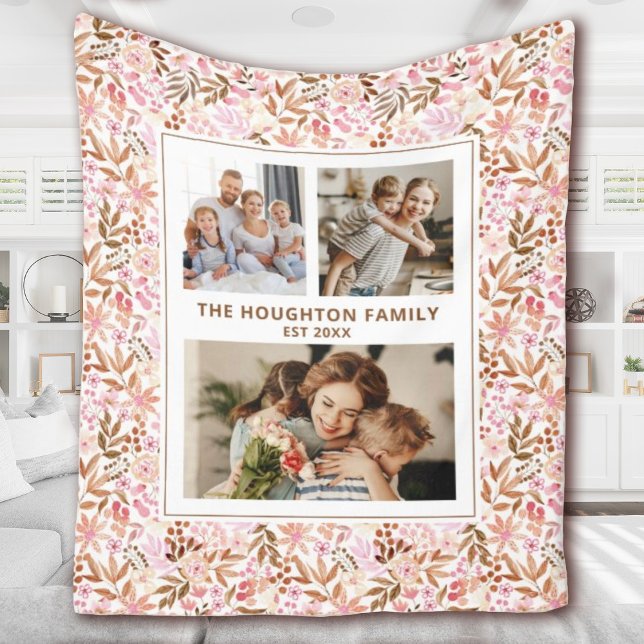 Cobertor De Velo Elegant Botanical Floral Family Photo Collage (A pretty floral family photo blanket. Personalize it with 3 photos & your name and established date.)