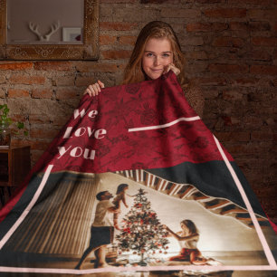 Cobertor De Velo Elegant Floral Custom Family Photo Text Red Fleece