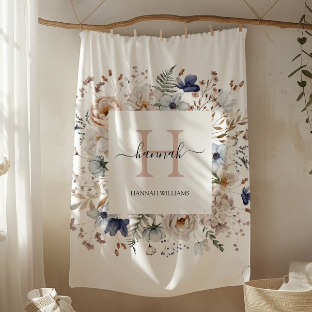 Cobertor De Velo Elegant Monogram Pretty Beige Blue Flowers Floral (In situ)