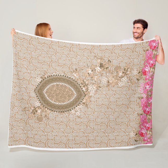 Cobertor De Velo Elegante Beige Floral Medallion Fleece Blanket (In Situ)