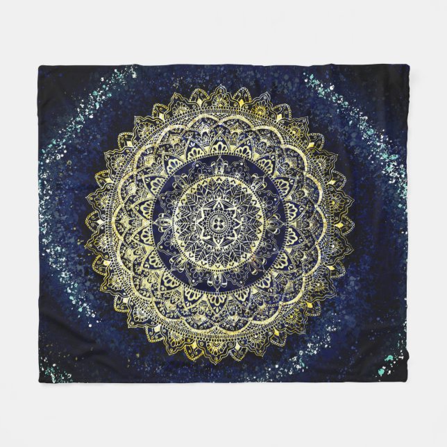 Cobertor De Velo Elegante Blue e Dourada Mandala Art Boho Beach (Frente (Horizontal))