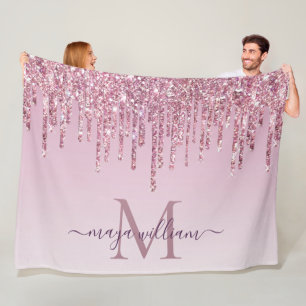 Cobertor De Velo Elegante Monograma Rosa Glitter Drives Fleece Blan
