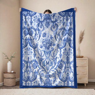 Cobertor De Velo Elegante Toile De Jouy Monograma Azul Vintage