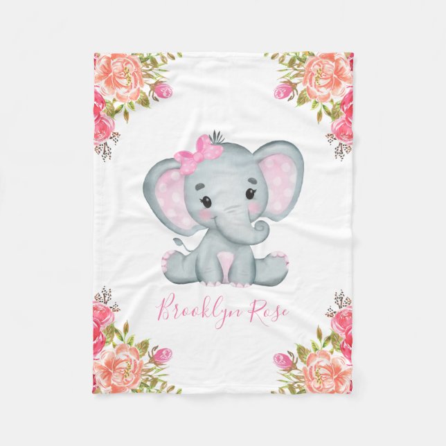 Cobertor De Velo Elephant Floral Baby Girl Personalizada (Frente)
