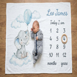 Cobertor De Velo Elephant on Cloud Personalized Boy Milestone Baby 