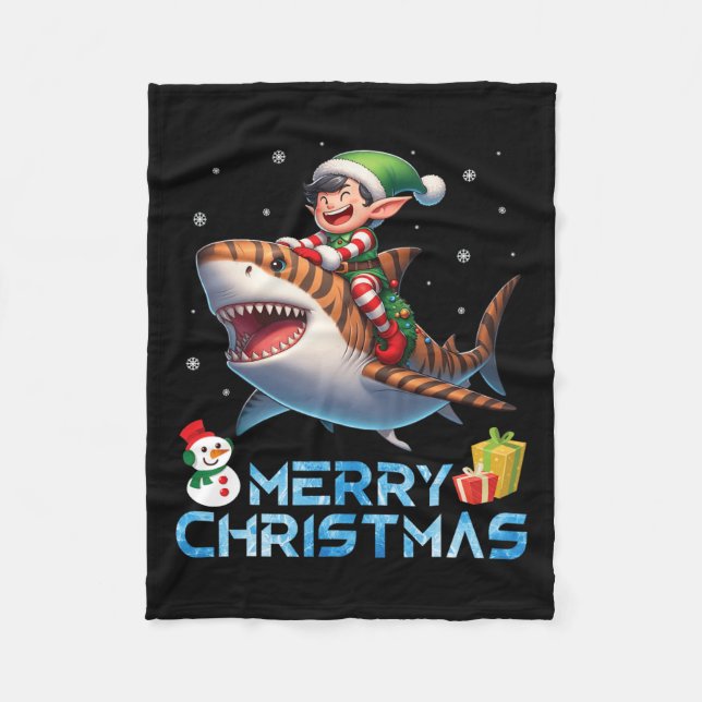 Cobertor De Velo Elf Riding Tiger Shark Snowman Feliz Presente Chri (Frente)