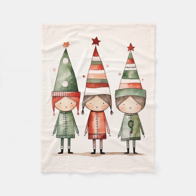 Cobertor De Velo Elfos de Natal em Chapéus Festivos (Frente)