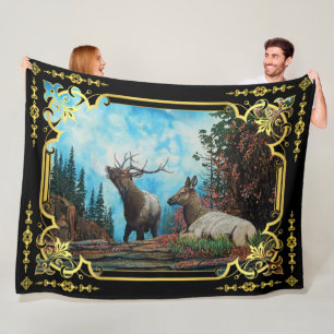 Cobertor De Velo Elk em Montana Mountains, Bull and vaca Fleece Bla