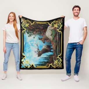 Cobertor De Velo Elk, touro e vaca na floresta de Montana Fleece Bl