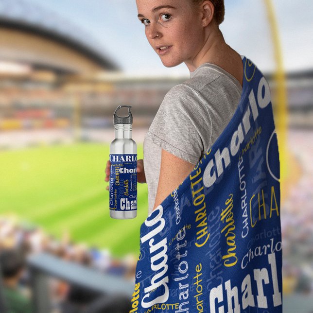 Cobertor De Velo Esportivo Azul Amarelo Nome Repetindo Estádio Padr (Both bottle and blanket available in our "Sporty Blue and Vintage Yellow Name Pattern Collection.")