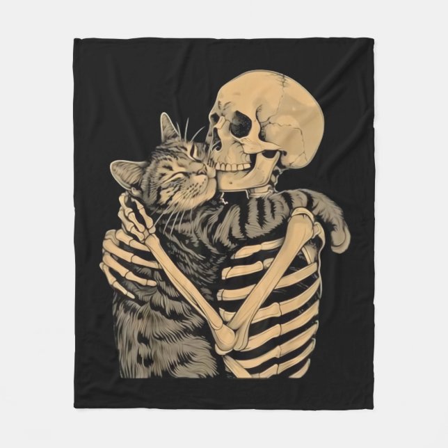 Cobertor De Velo Esqueleto Abraçando Gato – Presente Fofo para Aman (Frente)