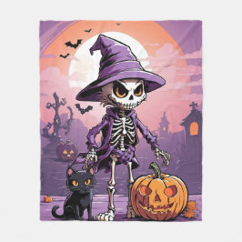 Cobertor De Velo esqueleto de Halloween com gato preto e abóbora
