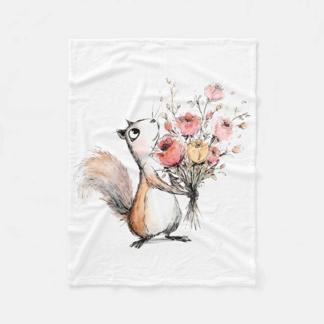 Cobertor De Velo Esquilo Fofo com Buquê de Flores (Frente)