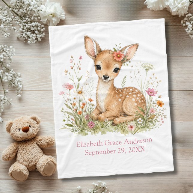 Cobertor De Velo Estatísticas de Nascimento Nome Data Personalizado (Baby Deer Wildflowers Baby Girl Birth Stats Baby Blanket. Baby shower new baby gift)