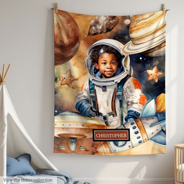 Cobertor De Velo Estilo de Aquarela do Astronauta do Espaço de Pele (Black Skin Boy Astronaut Space Watercolor Style Fleece Blanket)