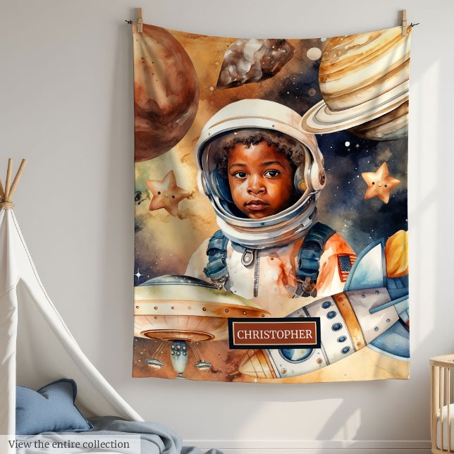 Cobertor De Velo Estilo de Aquarela do Astronauta do Espaço de Pele (Black Skin Boy Astronaut Space Watercolor Style Fleece Blanket)