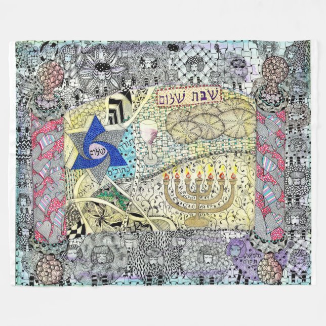 Cobertor De Velo Estrela de David, Shabbat Shalom Blanket (Frente (Horizontal))