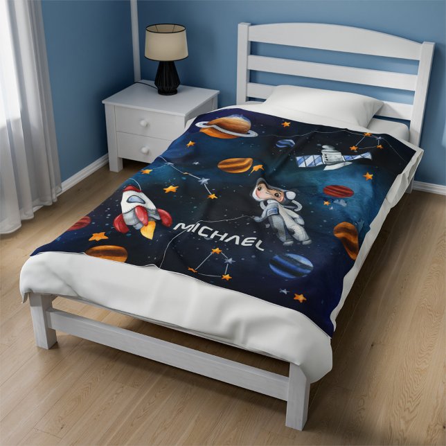 Cobertor De Velo Estrelas de Lua do Astronauta do Espaço Exterior P (Outer Space Astronaut Boy Personalized Sherpa Blanket)