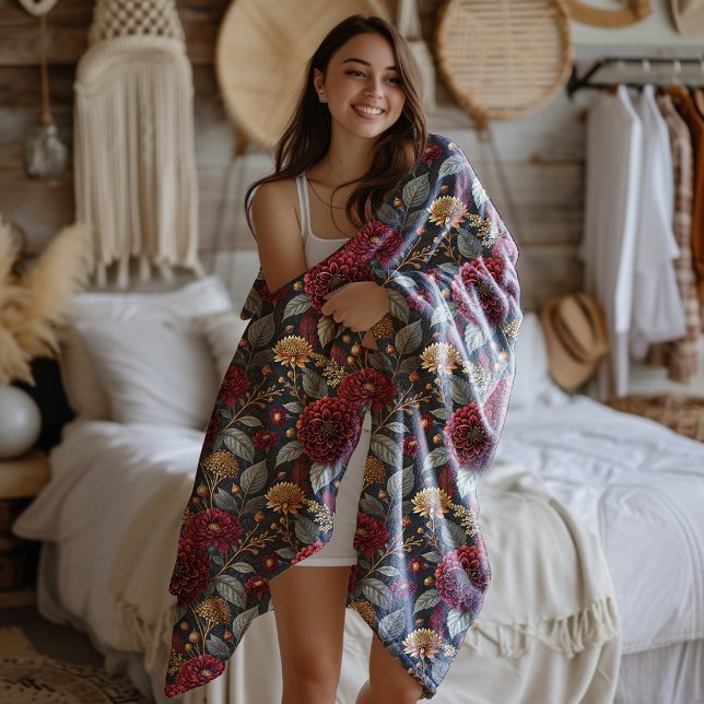 Cobertor De Velo Fall Moody Peony Burgundy na Floral da Cinza Negra (Criador carregado)