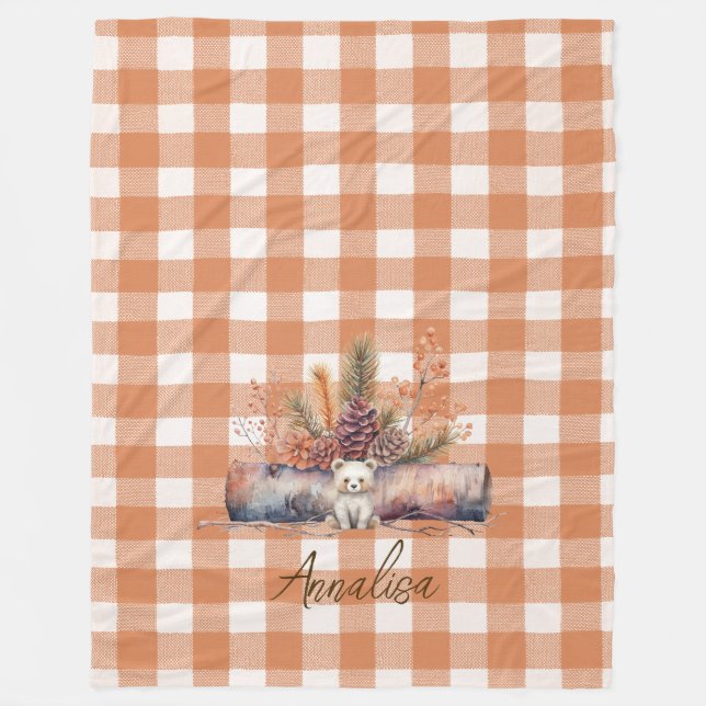 Cobertor De Velo Fall Woodland Bear Rustic Gingham Personalizado (Frente)