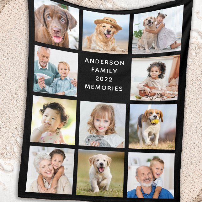 Cobertor De Velo Family Personalized 11 Photo Collage Modern Black (Criador carregado)