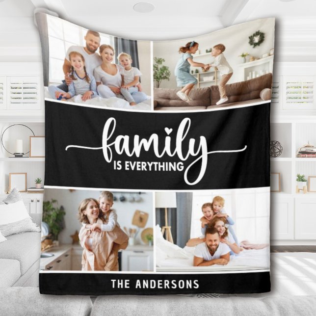 Cobertor De Velo Family Script Typography Photo Collage (an elegant family photo keepsake blanket. Personalize it with your photos and name.)