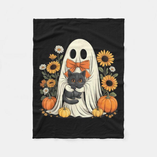 Cobertor De Velo Fantasma Fofo Com Abóbora De Halloween De Gato Pre (Frente)