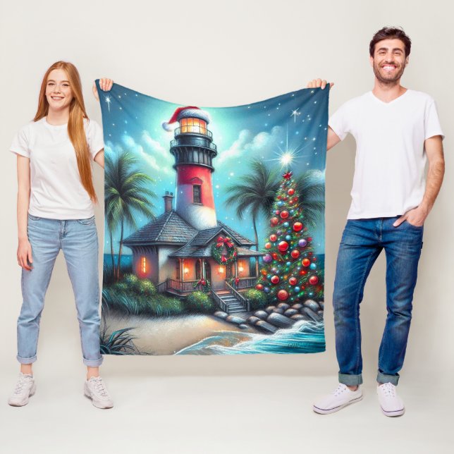 Cobertor De Velo Farol Tropical de Natal Whimsical Vermelho Teal (In Situ)