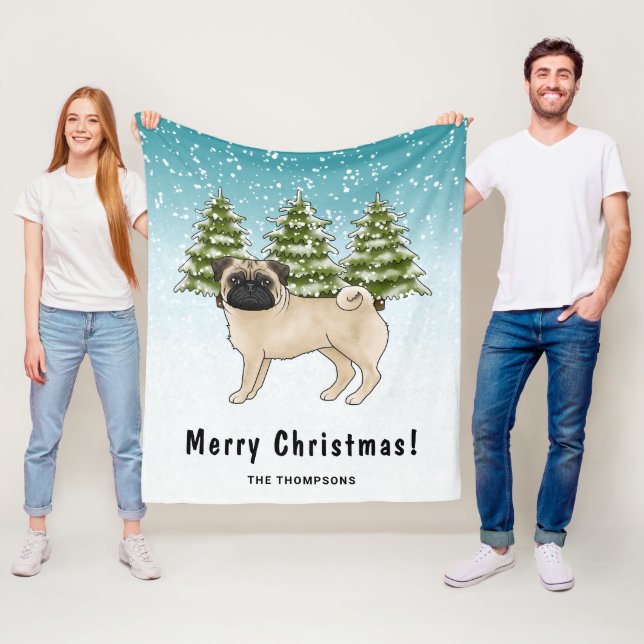 Cobertor De Velo Fawn Pug Cute Cartoon Dog Snowy Winter Forest (In Situ)