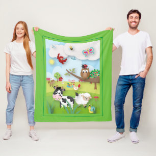 Cobertor De Velo Fazenda com Cena de Animais em Verde