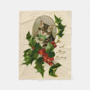 Cobertor De Velo Feliz de Natal Holly Kitten Arte Antiquada