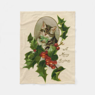 Cobertor De Velo Feliz de Natal Holly Kitten Arte Antiquada