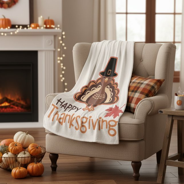 Cobertor De Velo Feliz Dia de Ação de Graças - Bonita Peregrinação  (Happy Thanksgiving Cute Pilgrim Turkey Fleece Blanket)