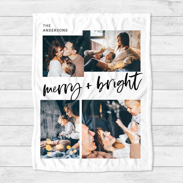 Cobertor De Velo Feliz e Brilho | Multi-Photo Grid Natal (A modern, black and white holiday blanket with trendy casual script and four family phtoos)