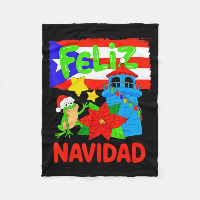 Cobertor De Velo Feliz Navidad Puerto Rico Flag Floral Frog Boricua (Frente)