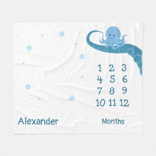 Cobertor De Velo Feliz Octopus White Blue Name