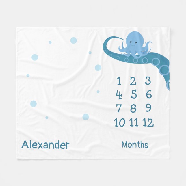 Cobertor De Velo Feliz Octopus White Blue Name (Frente (Horizontal))