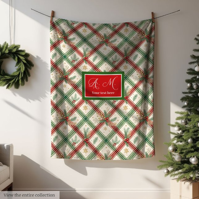 Cobertor De Velo Festive green and red tartan monogram holiday (Festive green and red tartan monogram holiday Fleece Blanket)