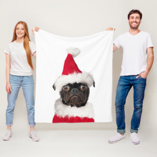 Cobertor De Velo Festivo Natal bonito Preto Pug Santa Hat