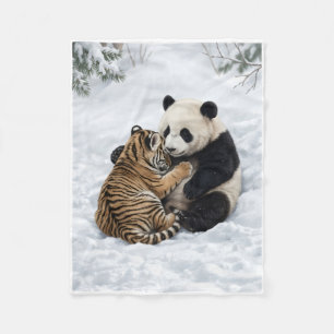 Cobertor De Velo Filhote de Tigre Fofo e Panda Brincando na Arte de