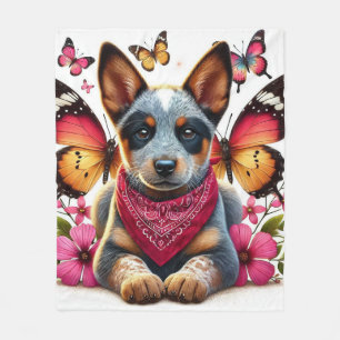 Cobertor De Velo Filhote Heeler Rodeado por Borboletas e Flores