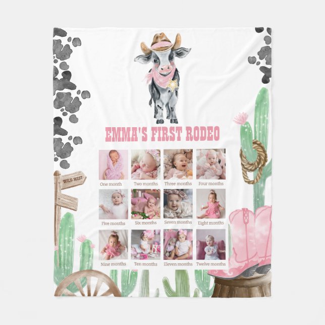 Cobertor De Velo First Rodeo 1st Birthday 12 Month Photo Collage (Frente)