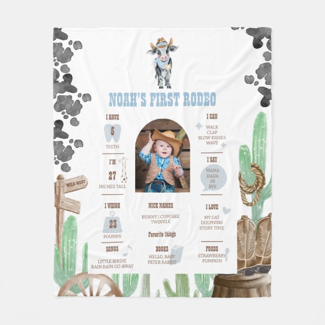 Cobertor De Velo First Rodeo 1st Birthday Baby Cow Milestone Sign  (Frente)
