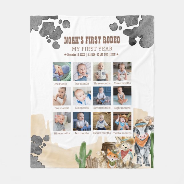 Cobertor De Velo First Rodeo Birthday 12 Month Photo Collage  (Frente)