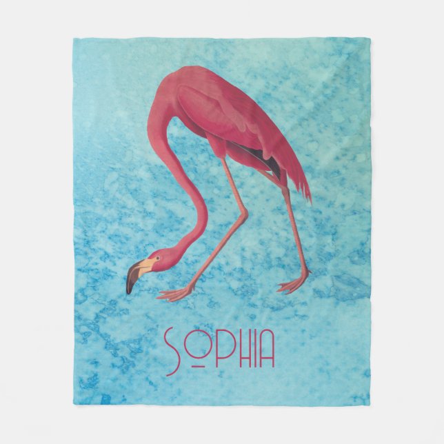 Cobertor De Velo Flamingo Rosa Audubon com Aquarela Azul (Frente)