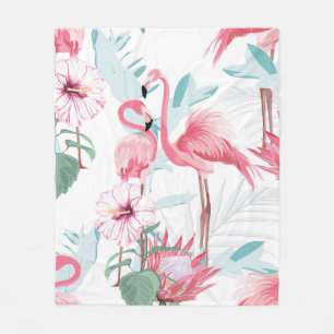 Cobertor De Velo Flamingo rosa e flores exóticas, folhas de palma,