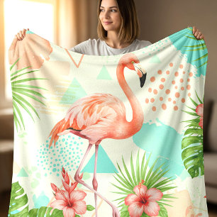Cobertor De Velo Flamingo Tropical Aquarela e Padrão Geométrico